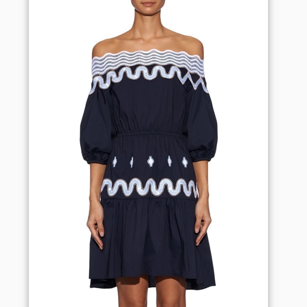 Peter Pilotto Pallas Embroidered Scalloped Off The Shoulder Dress In Navy Size 8